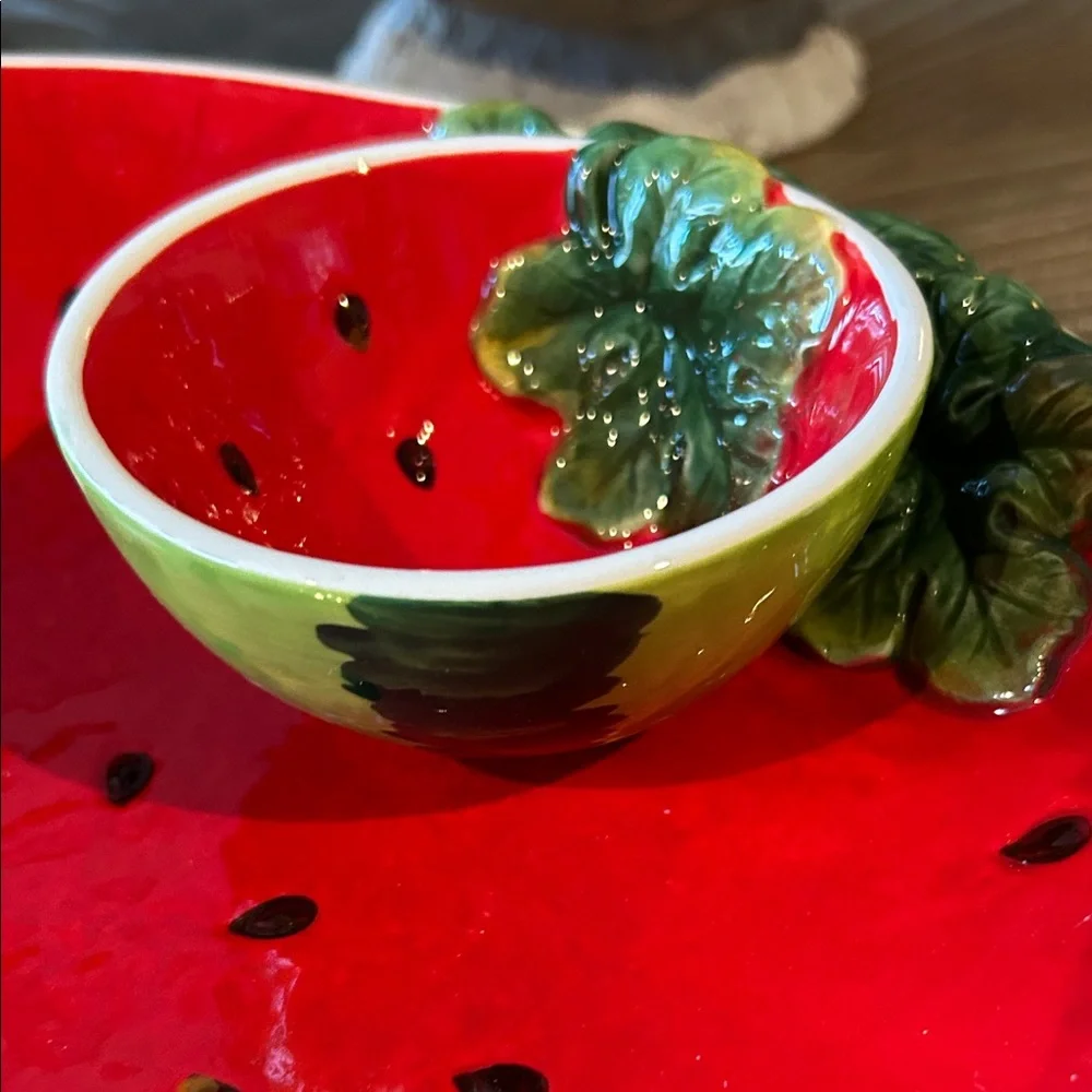 NEW! Ceramic Stoneware Vibrant Watermelon Chip & Dip Serving Fruit Bowl